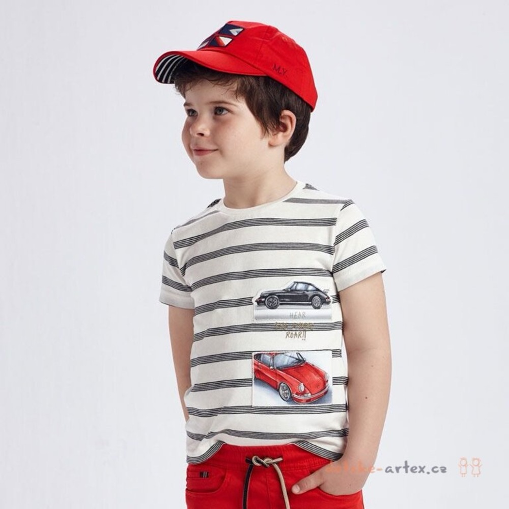 Size 6 Boys Mayoral Striped Tee with Car Print - Black and White
